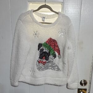 Isela Women's Christmas Holiday Shirt Sherpa Like Sequined Bulldog Cozy Sz L EUC